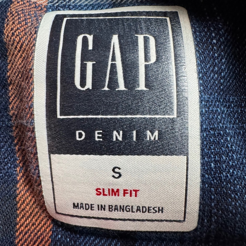 GAP Western Shirt Mens Small Denim Pearl Snap Slim Fit Plaid Dark Wash - Picture 2 of 8
